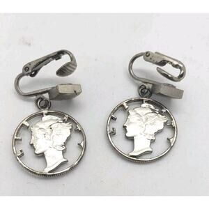 Vintage 90% Silver Mercury Dime Earrings Cut Out Head & Liberty Pierced Clip On